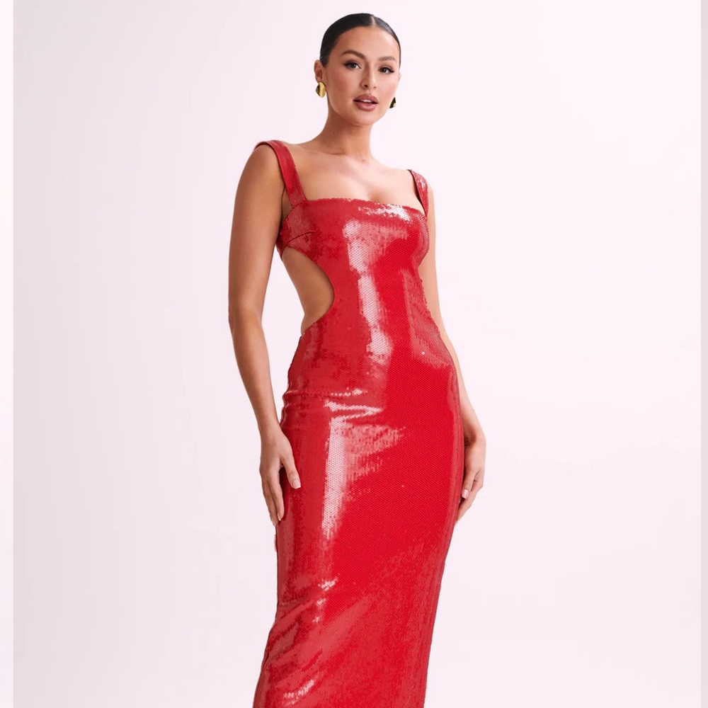 Meshki Red Sequin Backless Cutout Gown